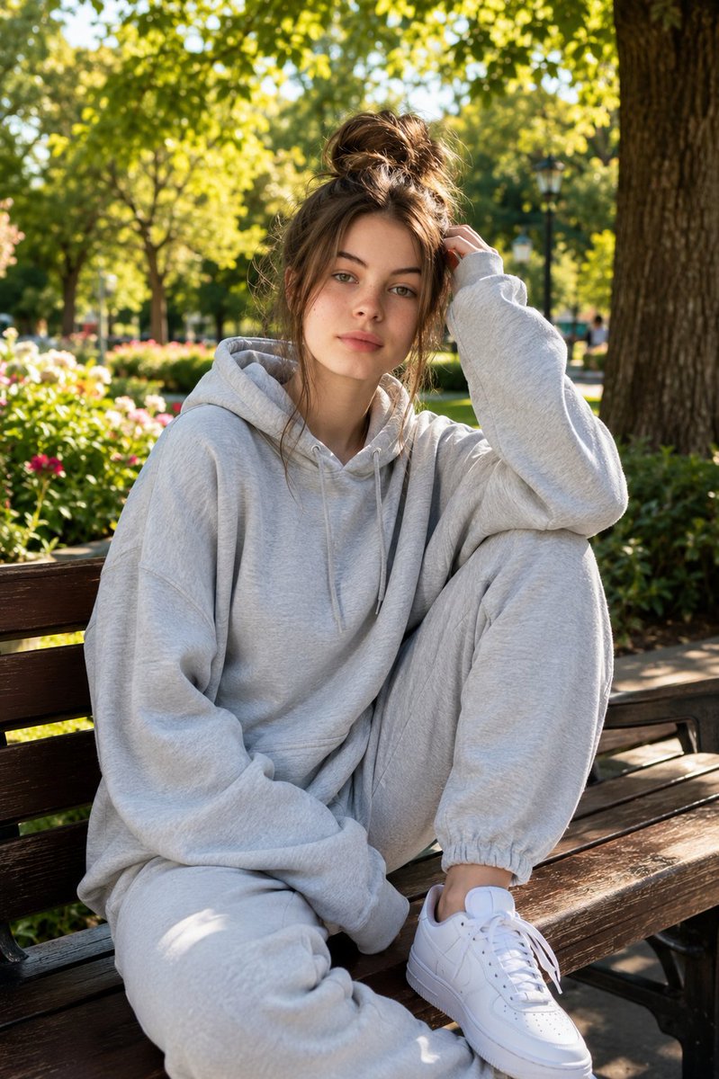 一位迷人的年轻女子慵懒地坐在郁郁葱葱的城市公园中的木质长椅上,正值阳光明媚的下午。她身穿浅灰色超大号连帽衫和配套的慢运动裤,脚踩干净的白色彩色运动鞋,发型为蓬松的高发髻,并带有柔…