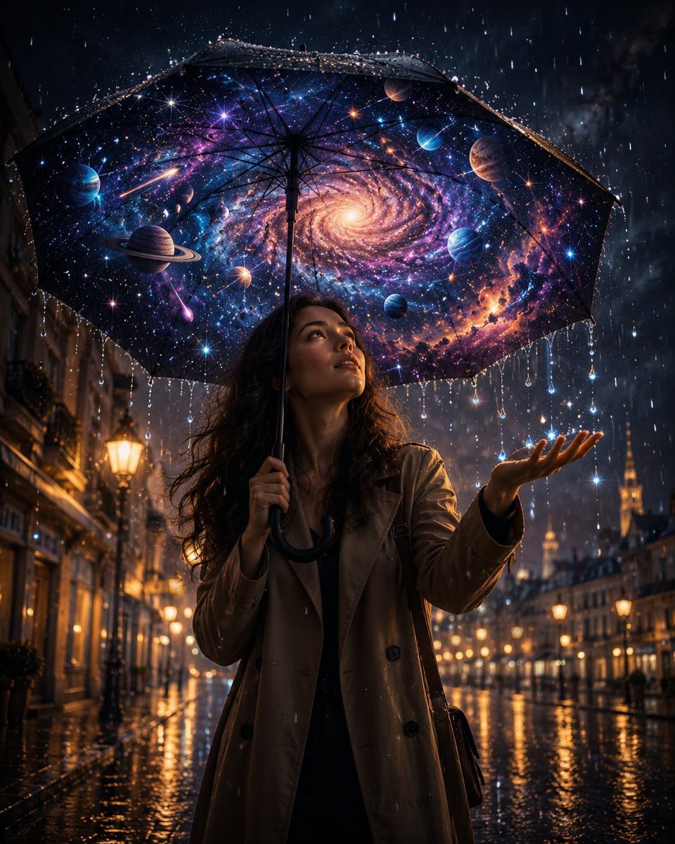 通往宇宙的伞 有时天空并不在我们头顶。 有时，我们把它随身携带。 GPT Image 2.0 提示词如下 👇 在日落后不久的细雨中，创作一个令人惊叹的电影级奇…