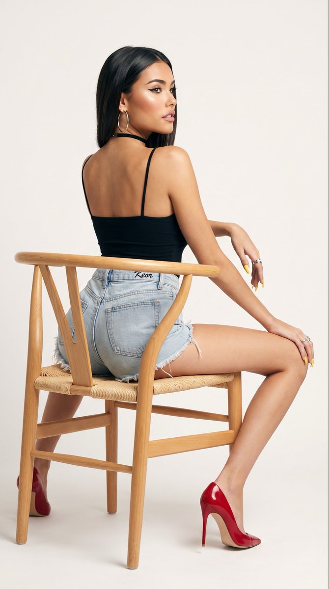 一张全长棚拍编辑级人像照，主体为 madison beer，直发中分。她坐在一把浅色木质餐椅上，椅面为编织草席；她的身体背向镜头，主要展示背部。她从右肩转头以…