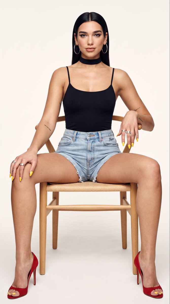 一张全长棚拍编辑级人像照，主体为 madison beer，直发中分。她坐在一把浅色木质餐椅上，椅面为编织草席；她的身体背向镜头，主要展示背部。她从右肩转头以侧脸朝向镜头。她身穿…