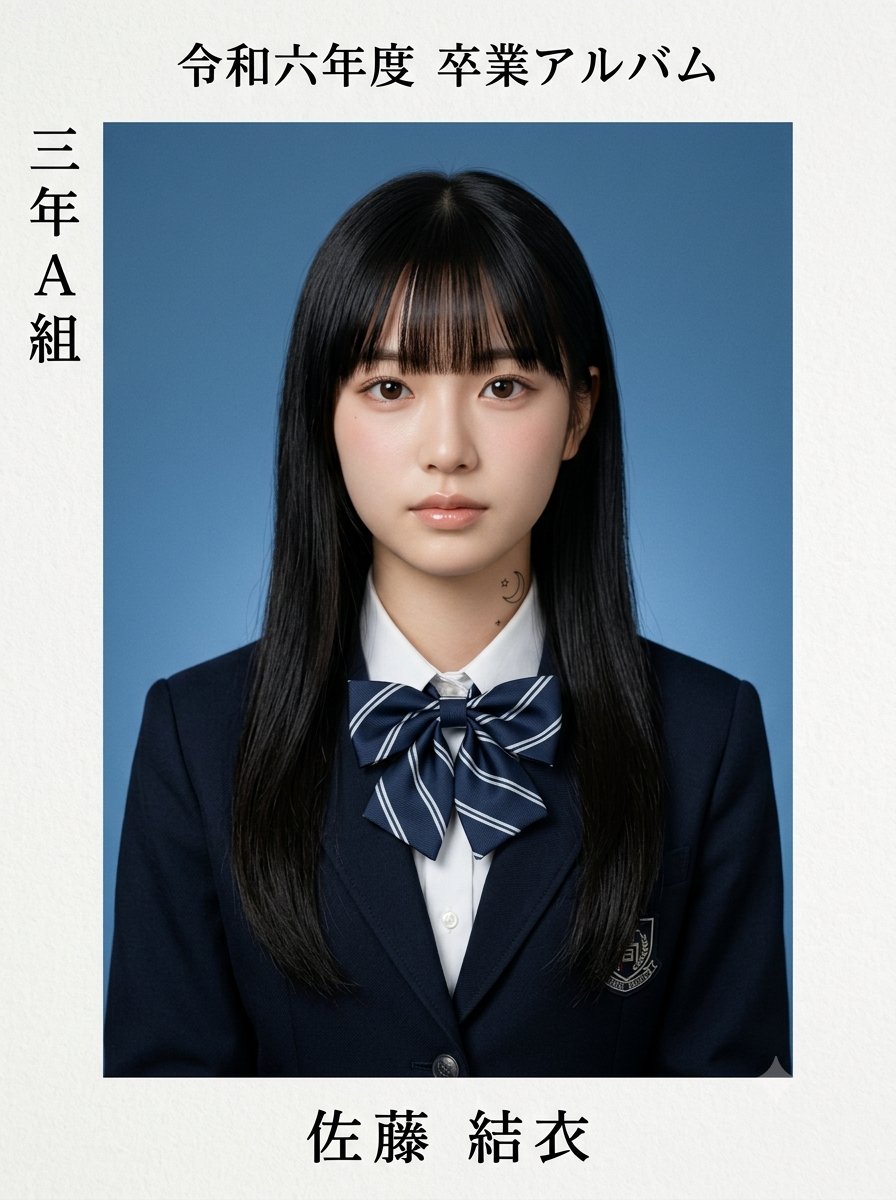 超写实的日本高中毕业纪念册肖像照,采用正式的毕业照风格,拍摄一位美丽的东亚少女。她有着长长丝滑的乌黑直发,整齐的齐刘海勾勒出脸庞,瓷白肌肤,柔和自然的妆容,淡粉色的腮红,水润的裸…
