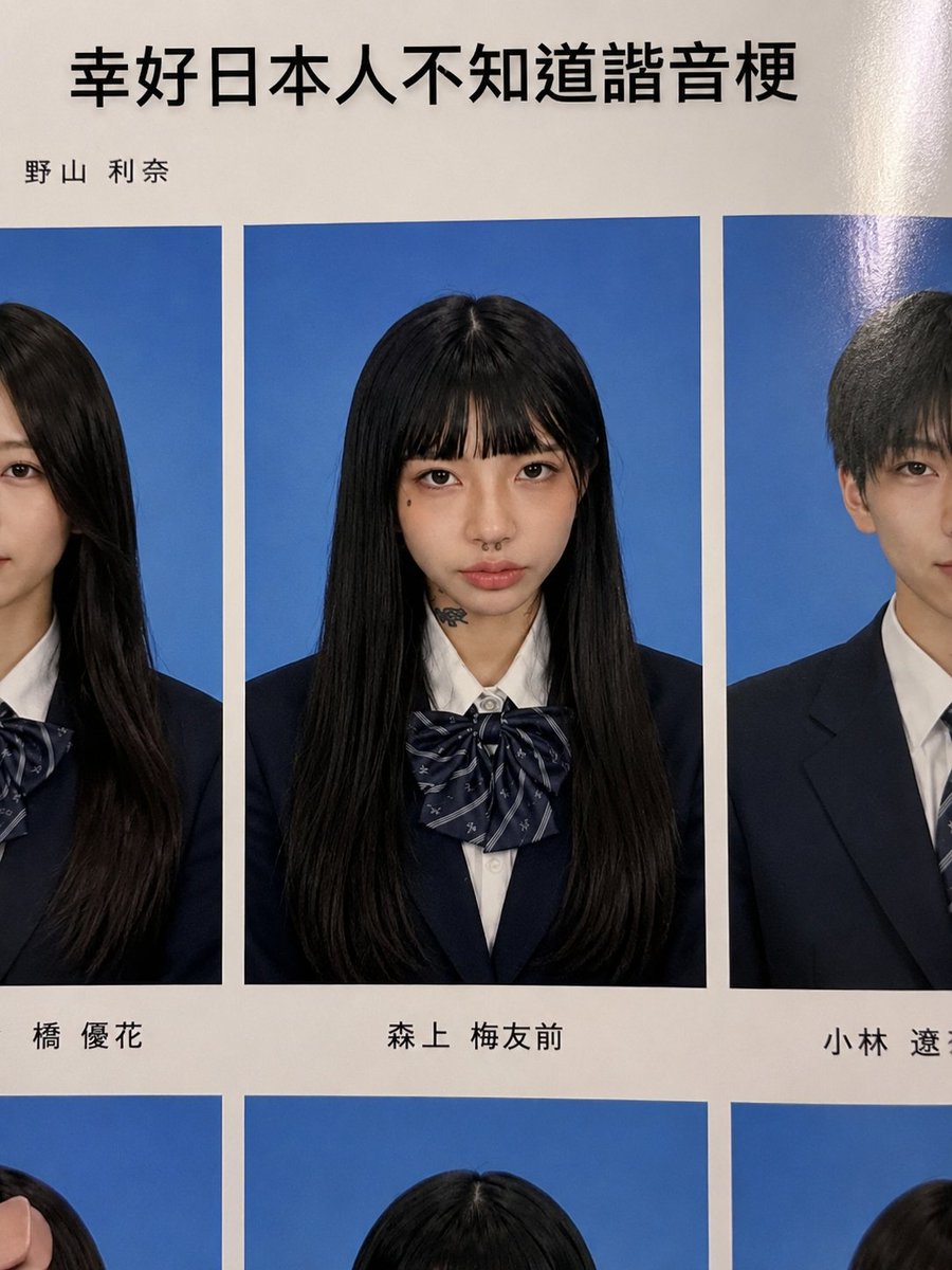 超写实的日本高中毕业纪念册肖像照,采用正式的毕业照风格,拍摄一位美丽的东亚少女。她有着长长丝滑的乌黑直发,整齐的齐刘海勾勒出脸庞,瓷白肌肤,柔和自然的妆容,淡粉色的腮红,水润的裸…