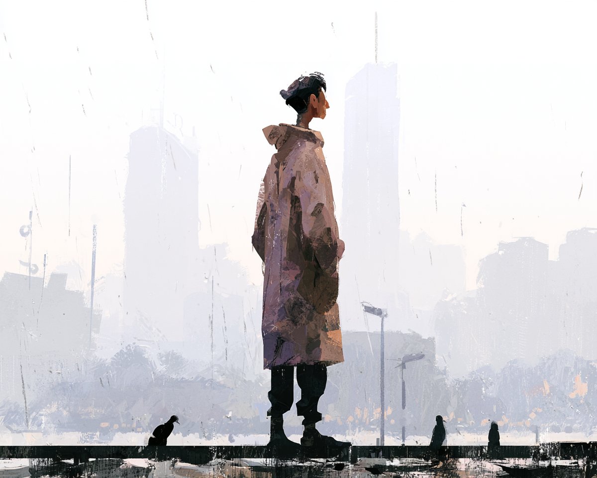 一位独自的女人身穿长款风化外套，站在雨后苍白的未来城市之上，纪念碑式尺度，下方是微小的行人，远处的塔楼消融于白雾之中，柔和的灰色与薰衣草色调，反光的湿润地面，静谧概念化氛围 --…