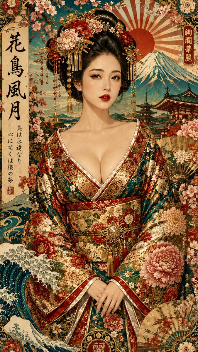 一张奢华的纵向日式风格人像海报，画面中是一位优雅的女子，身着以青绿、朱红与金色花卉纹样装饰的华丽和服，正面端坐，双手轻柔交叠。她富有光泽的黑色发丝梳成传统的高髻，饰以牡丹、菊花饰…