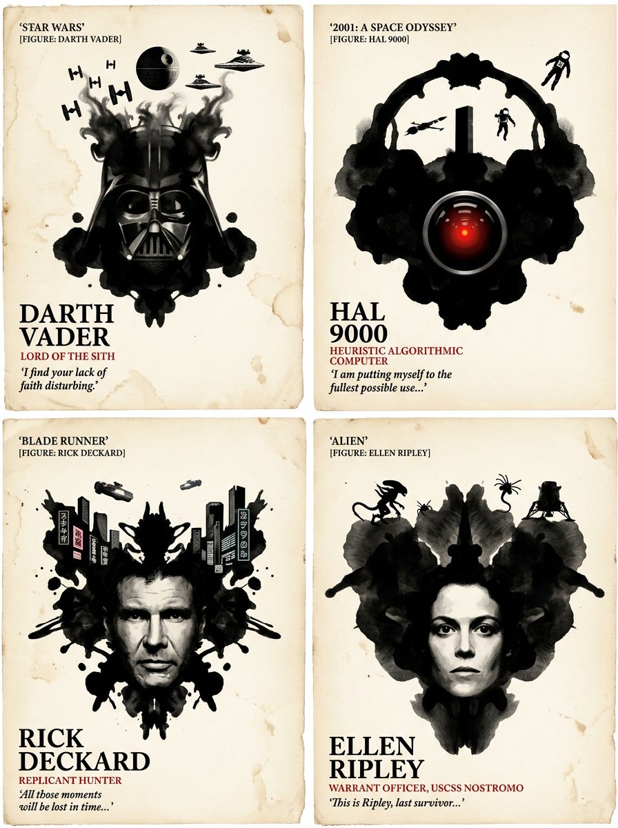 2x2 网格 1:1 为4本著名科幻书籍执行此操作: SELECT typography_block, central_inkblot, thematic_double_expo…