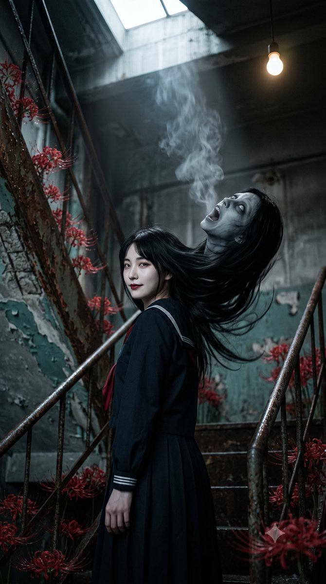 电影感超写实照片,双重人格恐怖肖像,一位身穿日本水手校服的年轻女子平静地回眸看向镜头,苍白瓷质皮肤,深红色嘴唇,微妙会意的表情,长黑发飘动, 在她身后,第二个幽灵般的身影从同一团…