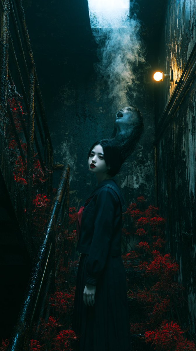 电影感超写实照片,双重人格恐怖肖像,一位身穿日本水手校服的年轻女子平静地回眸看向镜头,苍白瓷质皮肤,深红色嘴唇,微妙会意的表情,长黑发飘动, 在她身后,第二个幽灵般的身影从同一团…