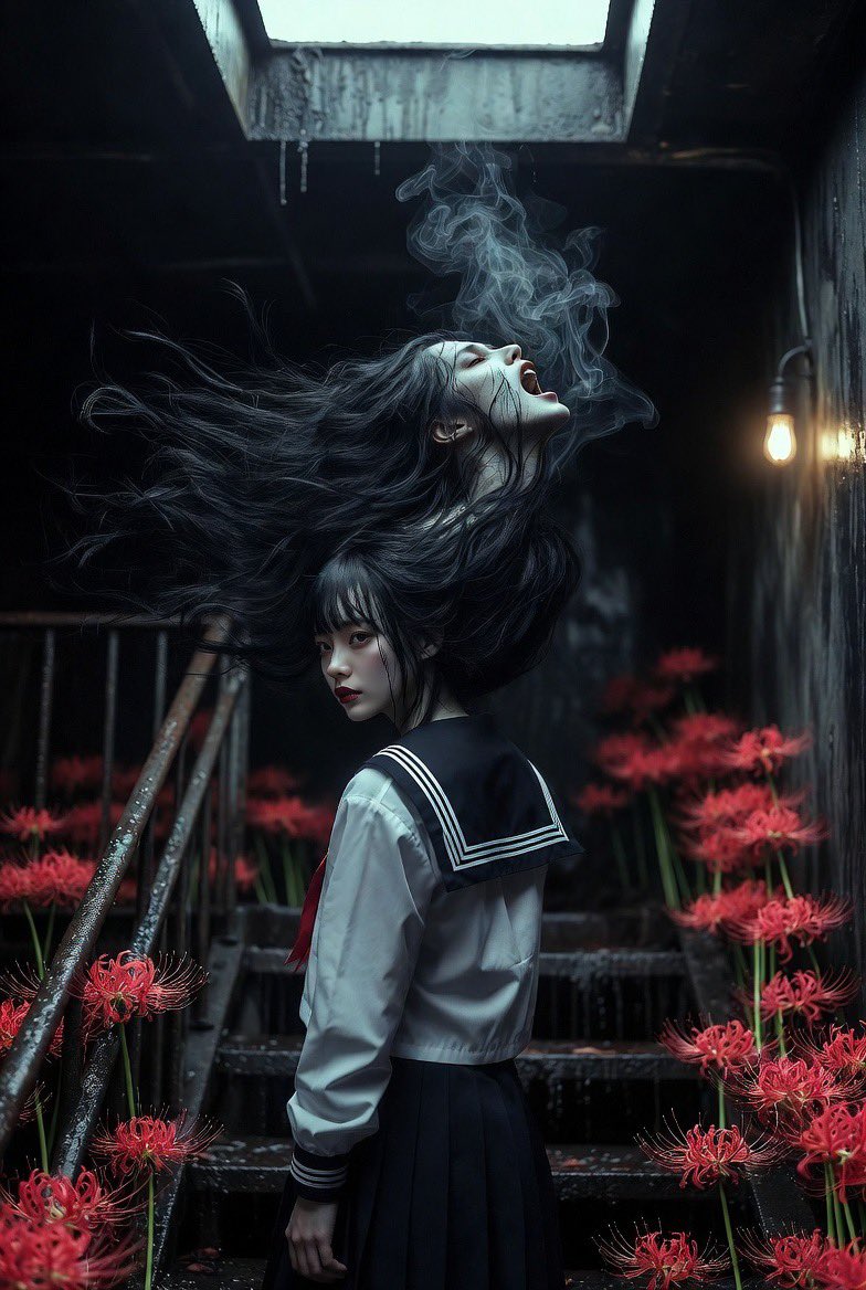 电影感超写实照片,双重人格恐怖肖像,一位身穿日本水手校服的年轻女子平静地回眸看向镜头,苍白瓷质皮肤,深红色嘴唇,微妙会意的表情,长黑发飘动, 在她身后,第二个幽灵般的身影从同一团…