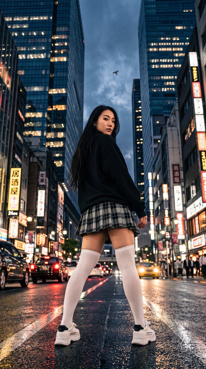 [Nano Banana Prompt] 低角度仰拍，一位年轻东亚女性伫立在夜晚湿漉漉的城市街道中央，身体背对镜头但在腰部扭转，从左肩后方回头直视观者，神情平静而略带神秘。黑色长…