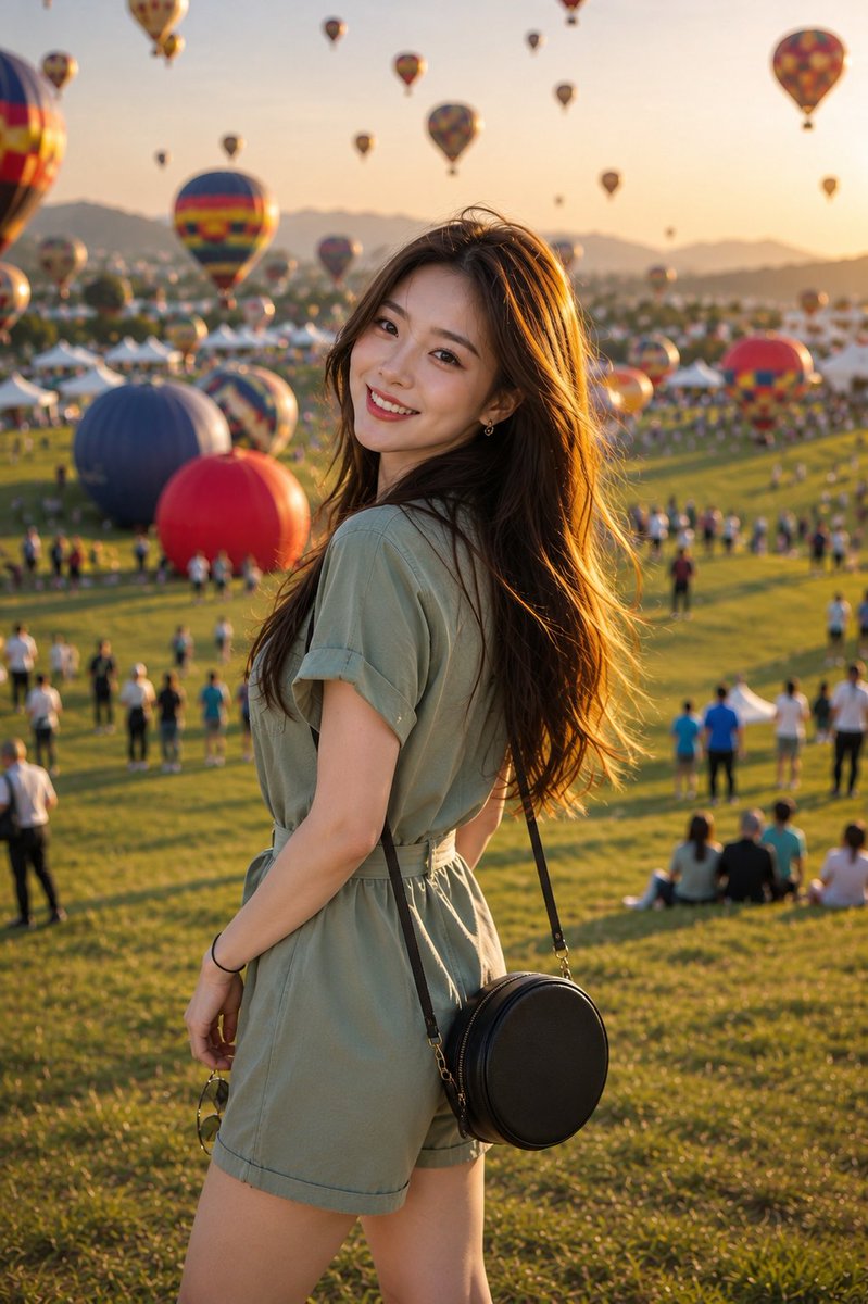 一幅极致真实的旅行人像照,画面中一位迷人的东亚年轻女子在温暖的夏日傍晚享受一场热闹的热气球节。她有着长长的、顺滑的栗棕色头发,在微风中轻轻飘动;肌肤白皙透亮,散发自然光泽;双颊带…