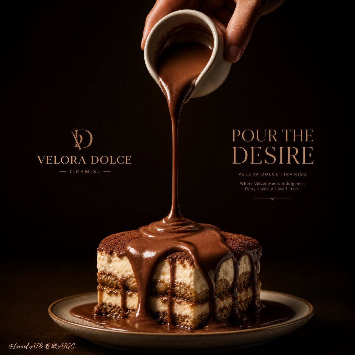 为虚构的提拉米苏品牌 VELORA DOLCE 创作一张超高端商业甜品海报，将 Milk Cloud Orbit 的触感丰富度与 Cream Halo Tra…