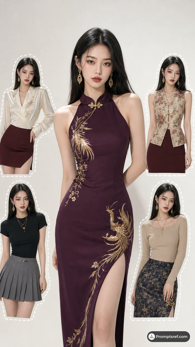 { "subject": { "description": "一位成年女性,带有精致的东亚时尚编辑风格,在摄影棚拼贴构图中心作为主要主体。她神情平静、从容,略…