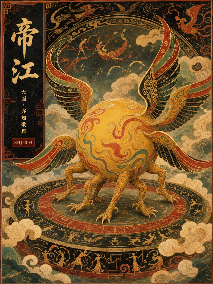 生成一张3:4竖版中文海报，系列名《山海经异兽神话图》。 主题异兽：[异兽名称]。 原典形貌：[完整写出身体结构、头部、足、翼、尾、颜色和数量]。 神话事件…