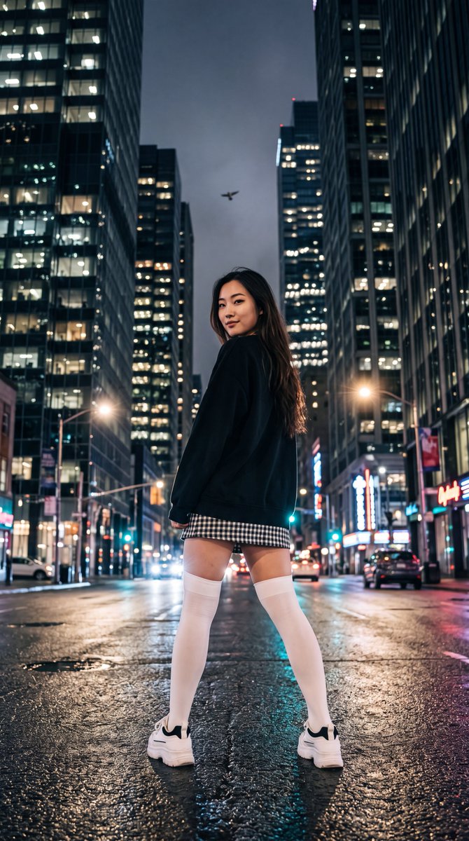 仰视低角度镜头，从下方拍摄一位年轻的东亚女性，她站在夜晚湿漉漉的城市街道中央，身体背对镜头但在腰部扭转，越过左肩回头直视观众，表情平静略带神秘。黑色长直发倾泻…