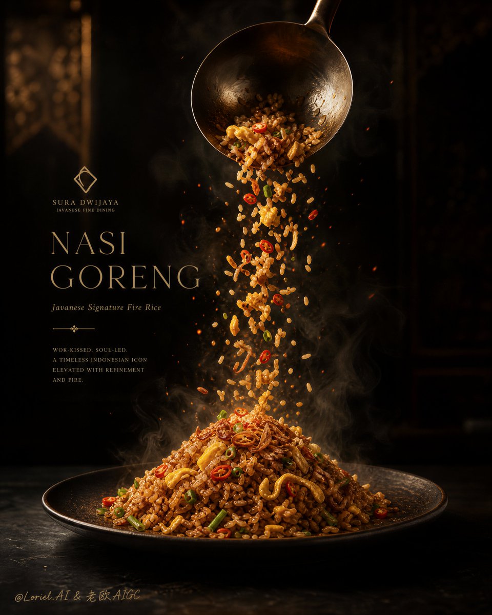 为一家顶级东南亚高端餐厅创作一幅超高端年度主视觉海报，沿用完全相同的构图骨架：以一份居中的泰式菠萝炒饭作为绝对主角，置于深色、优雅、高度受控的环境中。保持整体…