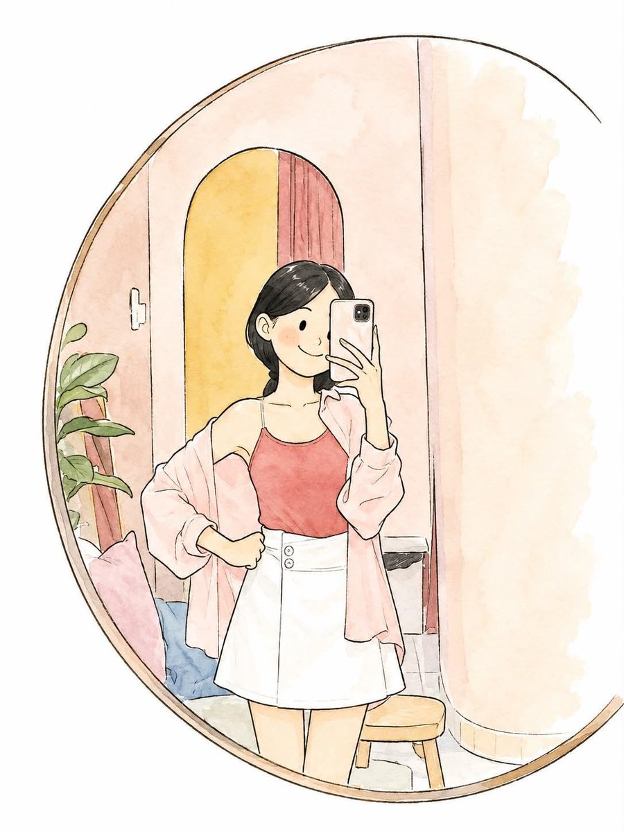 奇思妙想的水彩绘本插画，画面中的[CHARACTER]（角色）摆出[POSE]（姿势），身穿[CLOTHING]（服装），面带温柔微笑，有着小小的圆点眼睛、绯…