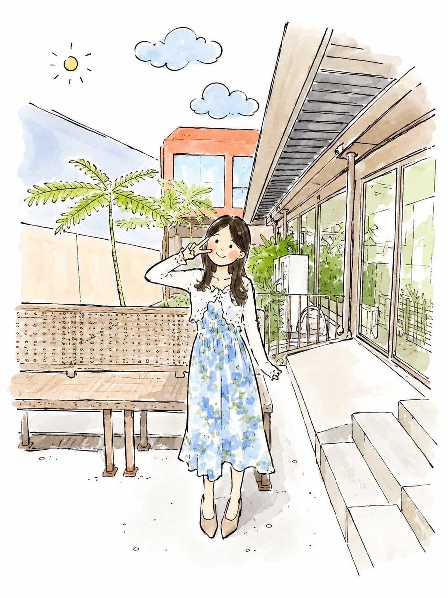 奇思妙想的水彩绘本插画，画面中的[CHARACTER]（角色）摆出[POSE]（姿势），身穿[CLOTHING]（服装），面带温柔微笑，有着小小的圆点眼睛、绯红的脸颊、简化的五官…