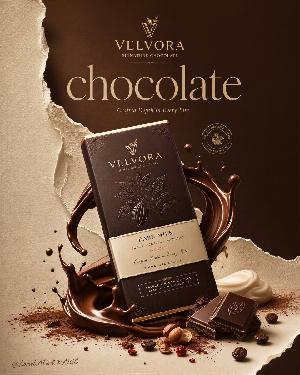 为虚构奢侈品牌VELVORA创作同一超高端巧克力系列广告的第二张海报,将Milk Cloud Orbit(牛奶云轨)的触感丰盈感与Cream Halo Transit(奶油光环流…