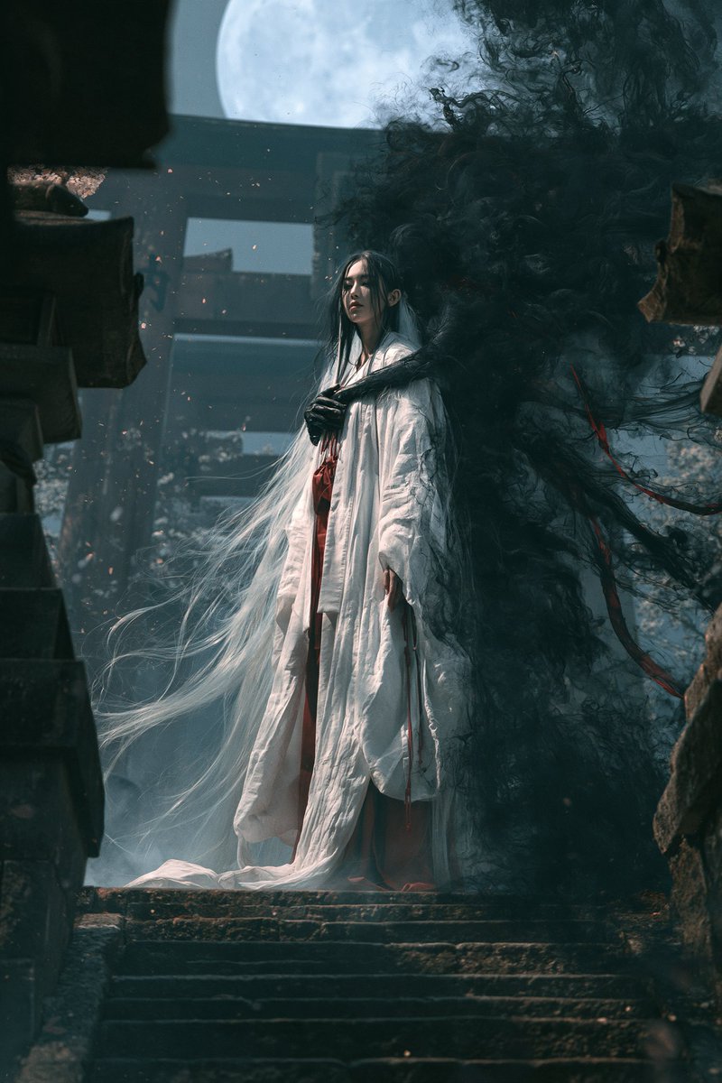 Midjourney v8.1 对比 ChatGPT：雌雄同体的巫女，长长飘动的雪白长发，优雅的白红相间巫女服饰，平静地伫立在高耸的鸟居门下的古老神社石阶上…