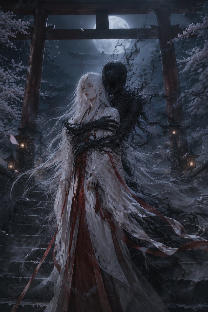 Midjourney v8.1 对比 ChatGPT:雌雄同体的巫女,长长飘动的雪白长发,优雅的白红相间巫女服饰,平静地伫立在高耸的鸟居门下的古老神社石阶上,一个由流动的黑烟与墨…