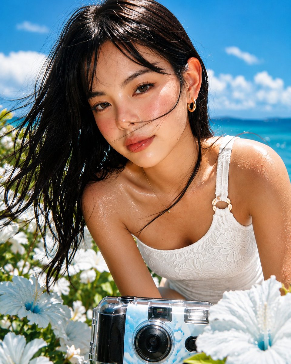 超写实特写海滩人像：一位美丽的年轻东亚女性在海边郁郁葱葱的热带花园中，微微向镜头倾斜。她拥有一头海风轻拂过的柔顺乌黑长发，柔软的碎刘海修饰着脸庞。她的肌肤散发…