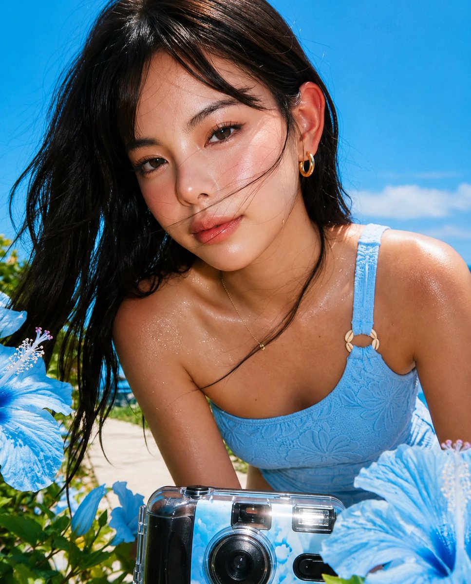 超写实特写海滩人像:一位美丽的年轻东亚女性在海边郁郁葱葱的热带花园中,微微向镜头倾斜。她拥有一头海风轻拂过的柔顺乌黑长发,柔软的碎刘海修饰着脸庞。她的肌肤散发着自然阳光亲吻后的光…