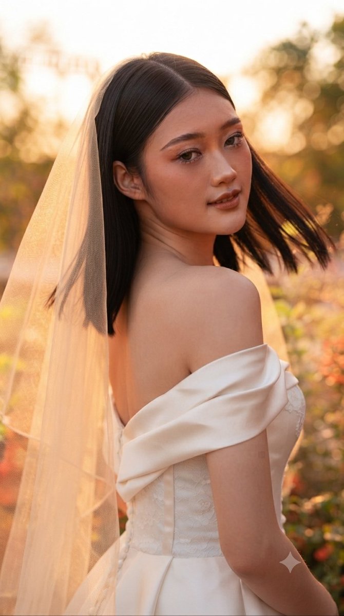 一组电影感的新娘肖像作品，捕捉一位优雅的年轻女性，她拥有顺直的黑发和温暖而有表现力的眼睛，身着一袭优雅的白色缎面与蕾丝露肩婚纱，搭配结构感明显的紧身胸衣。她佩…