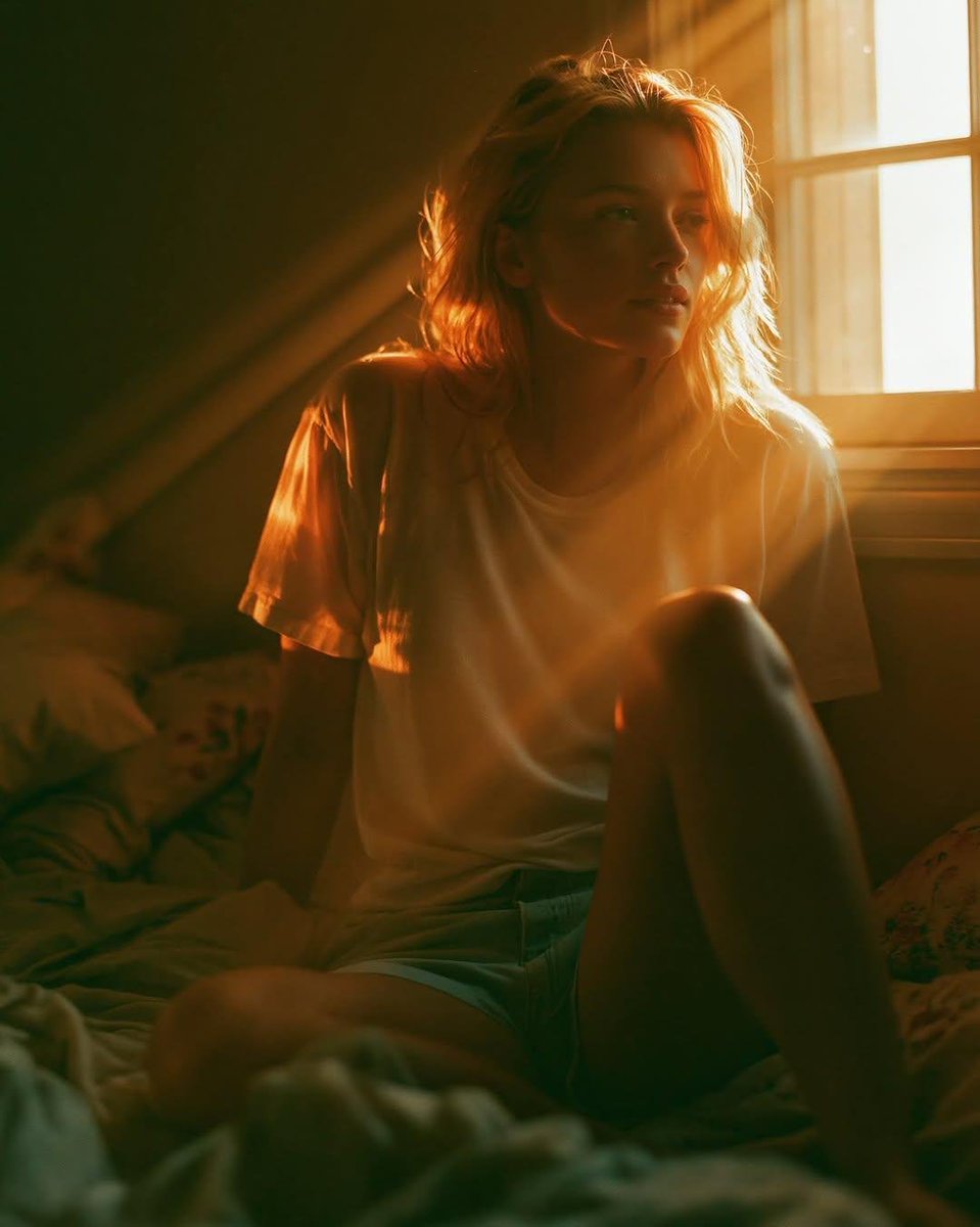 卧室场景的真实感摄影,温暖午后晚期的阳光中,一位天生丽质的年轻女子坐在床上,轻轻靠向窗下墙面,画面中仅有一位女性,无其他人物,无多余的手部出现。她神情放松而梦幻,脸部微微转向光源…
