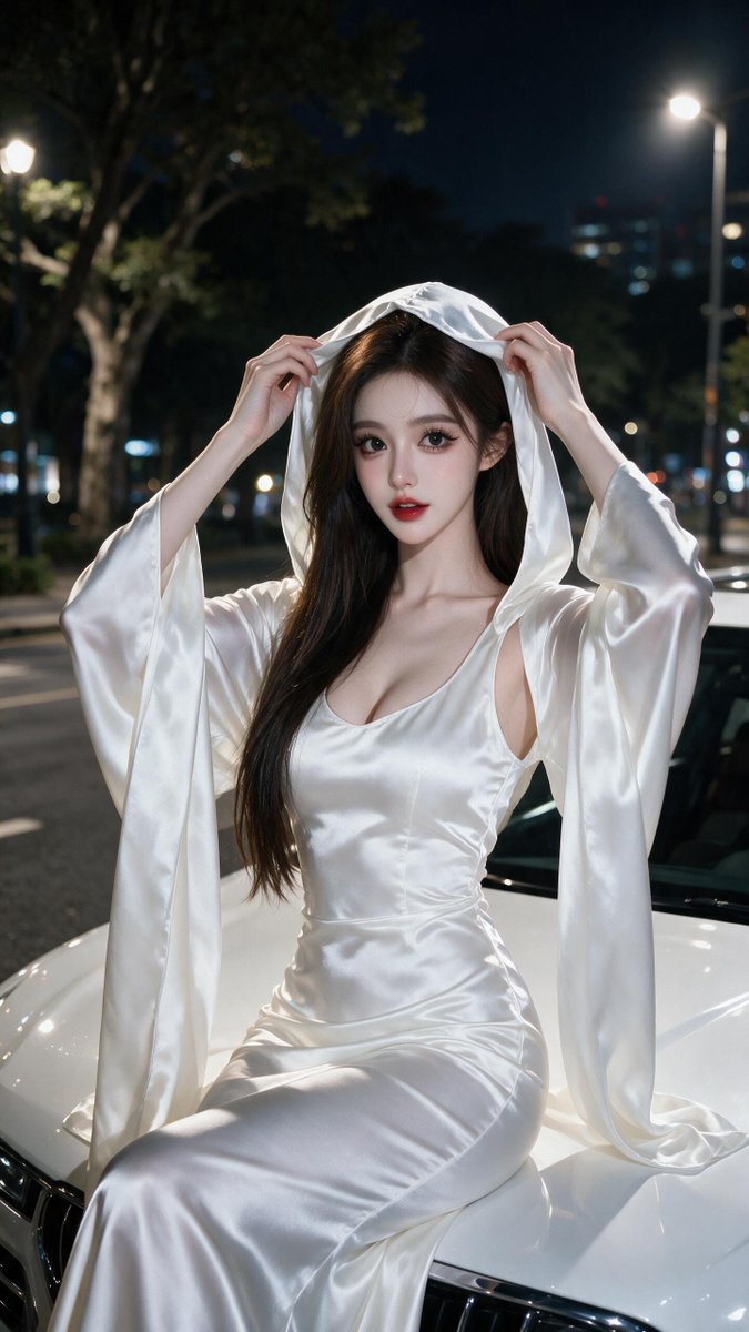 [Seedream 提示词] 一位令人惊艳的年轻东亚女性，长长的深棕色直发如瀑布般垂落在一侧肩头，白皙如瓷的肌肤，一双大而无辜的鹿眼配以浓重妆容、锋利的眼线…