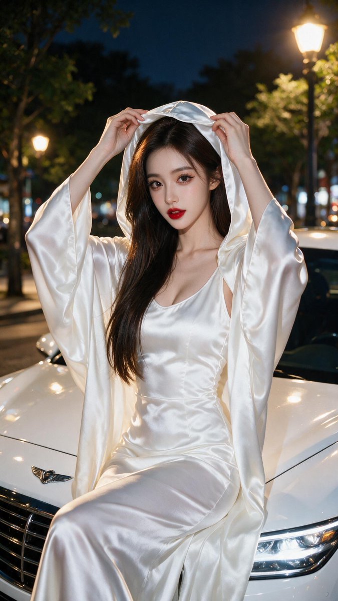 [Seedream 提示词] 一位令人惊艳的年轻东亚女性，长长的深棕色直发如瀑布般垂落在一侧肩头，白皙如瓷的肌肤，一双大而无辜的鹿眼配以浓重妆容、锋利的眼线，以及大胆的红唇，夜晚…