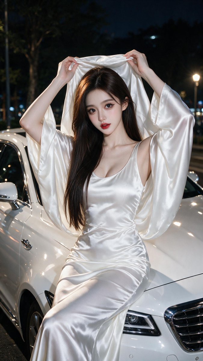 [Seedream 提示词] 一位令人惊艳的年轻东亚女性，长长的深棕色直发如瀑布般垂落在一侧肩头，白皙如瓷的肌肤，一双大而无辜的鹿眼配以浓重妆容、锋利的眼线，以及大胆的红唇，夜晚…