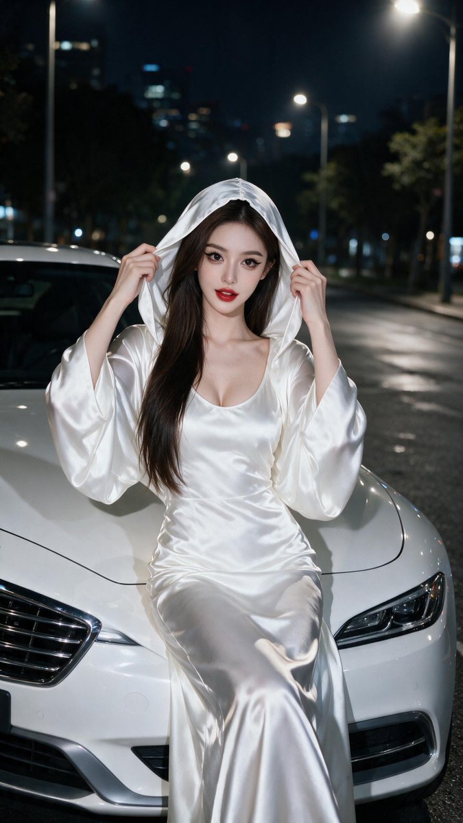 [Seedream 提示词] 一位令人惊艳的年轻东亚女性，长长的深棕色直发如瀑布般垂落在一侧肩头，白皙如瓷的肌肤，一双大而无辜的鹿眼配以浓重妆容、锋利的眼线，以及大胆的红唇，夜晚…