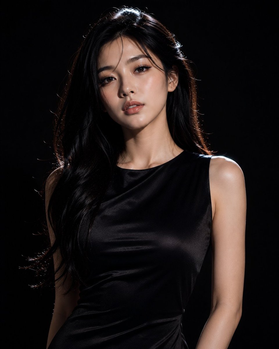 一次超写实的高端时装工作室摄影，由一位二十出头的美丽年轻韩国女性自信地摆出大胆、具有编辑风格的姿态。她拥有无瑕的瓷白肌肤、丝滑的长黑发、精致的脸部轮廓、富有表…