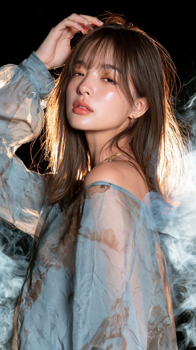[Midjourney 提示词] 美丽的年轻东亚女性,留着柔软的浅棕色头发和精致的刘海,回头望向镜头,表情温柔,嘴唇微微张开,一只手抬起轻抚头发,妆容柔和自然,唇部润泽,肌肤水润…