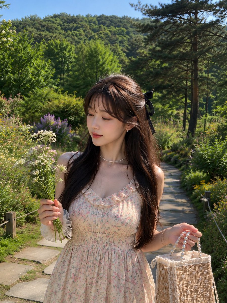 梦幻般的超写实肖像:一位美丽的年轻东亚女性,在一个明亮的春日下午漫步于郁郁葱葱的植物园中。她有着柔顺的深棕色长发,搭配柔和轻盈的空气刘海,佩戴着黑色丝带蝴蝶结;肌肤如瓷般莹润发光…