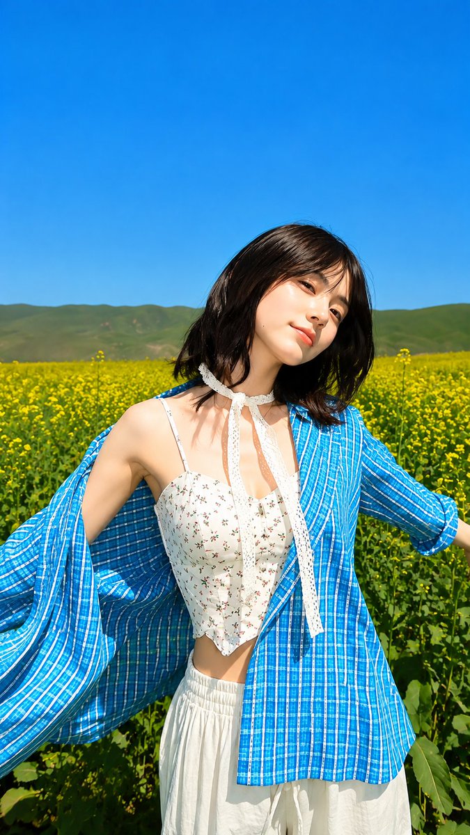 超现实主义的编辑级时尚摄影：一位年轻的东亚女性伫立于无尽绽放的黄色油菜花田中央，头顶是清澈深邃的湛蓝天空。以略低的仰视角度、三分之二侧面构图进行拍摄，她将头转…