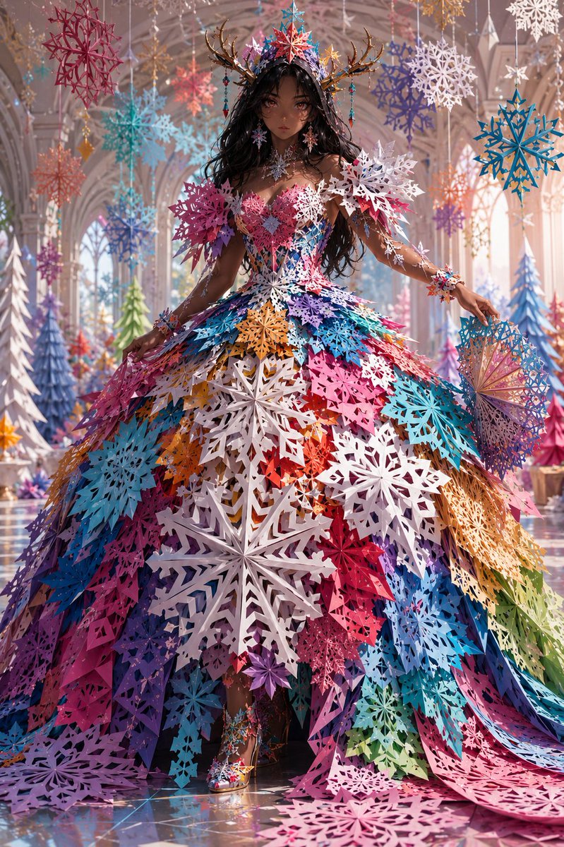 # 鲜艳纸质雪花裙 — 剪纸高级时装提示词 将所提供的图像作为模型唯一的视觉身份参考。 创作一幅完成的、高度细致的时装插画，描绘**明显是成年人**的单一模特，身着一件完全由分层…