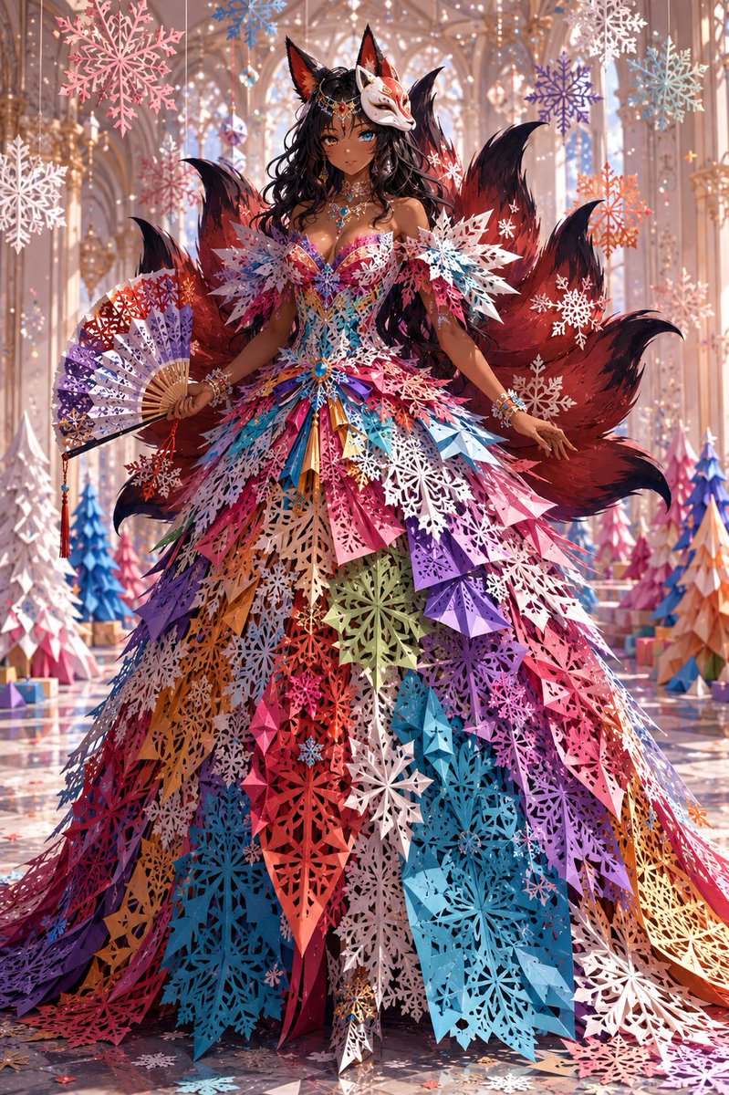 # 鲜艳纸质雪花裙 — 剪纸高级时装提示词 将所提供的图像作为模型唯一的视觉身份参考。 创作一幅完成的、高度细致的时装插画，描绘**明显是成年人**的单一模特，身着一件完全由分层…