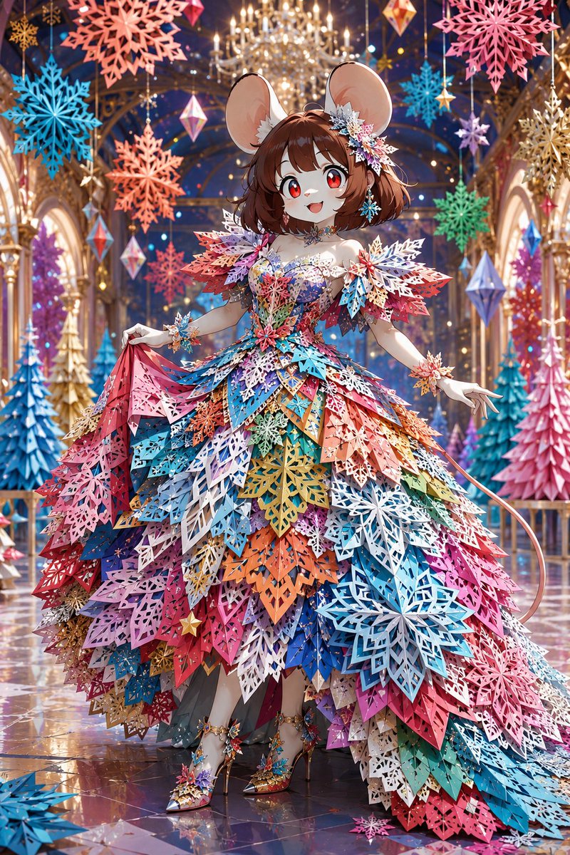 # 鲜艳纸质雪花裙 — 剪纸高级时装提示词 将所提供的图像作为模型唯一的视觉身份参考。 创作一幅完成的、高度细致的时装插画，描绘**明显是成年人**的单一模特，身着一件完全由分层…