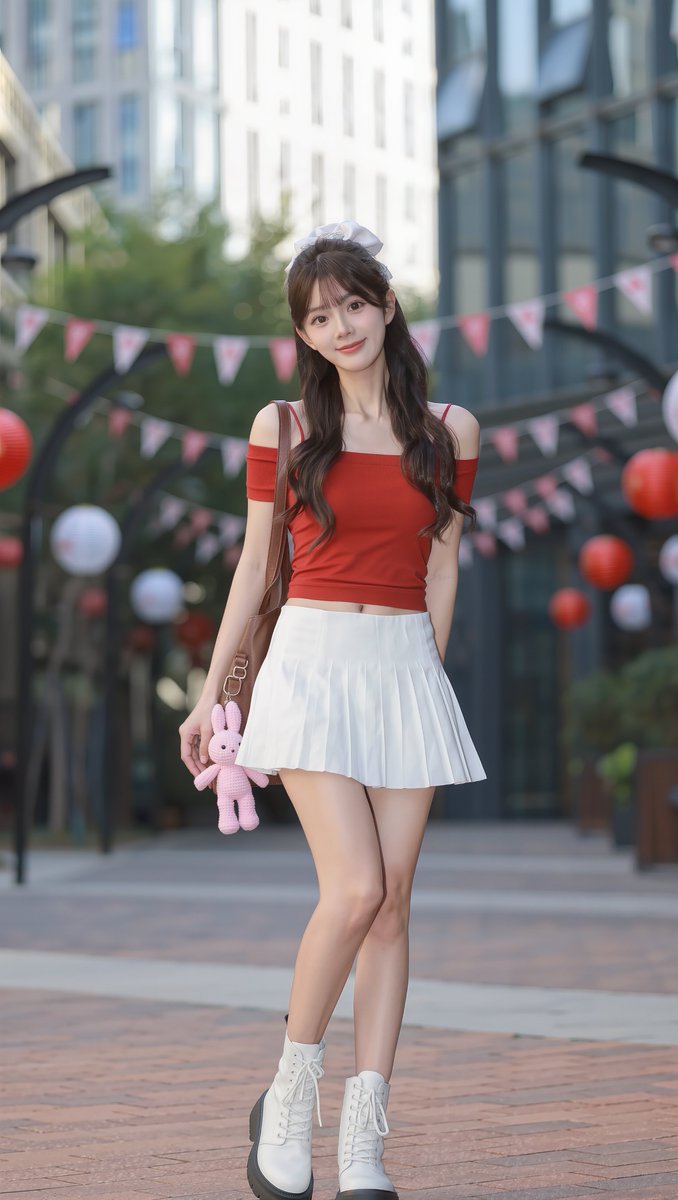 [Kling 提示词] 一张全身写实摄影照片：一位可爱的东亚年轻女性，二十岁出头，户外站立在一条宽阔的砖砌人行道上。她有着长长的波浪状深棕色头发，搭配柔和的帘式刘海，头顶有一小束…