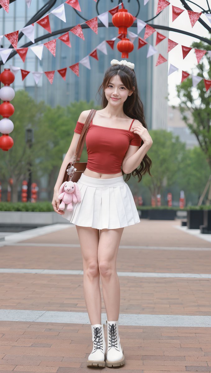 [Kling 提示词] 一张全身写实摄影照片：一位可爱的东亚年轻女性，二十岁出头，户外站立在一条宽阔的砖砌人行道上。她有着长长的波浪状深棕色头发，搭配柔和的帘式刘海，头顶有一小束…