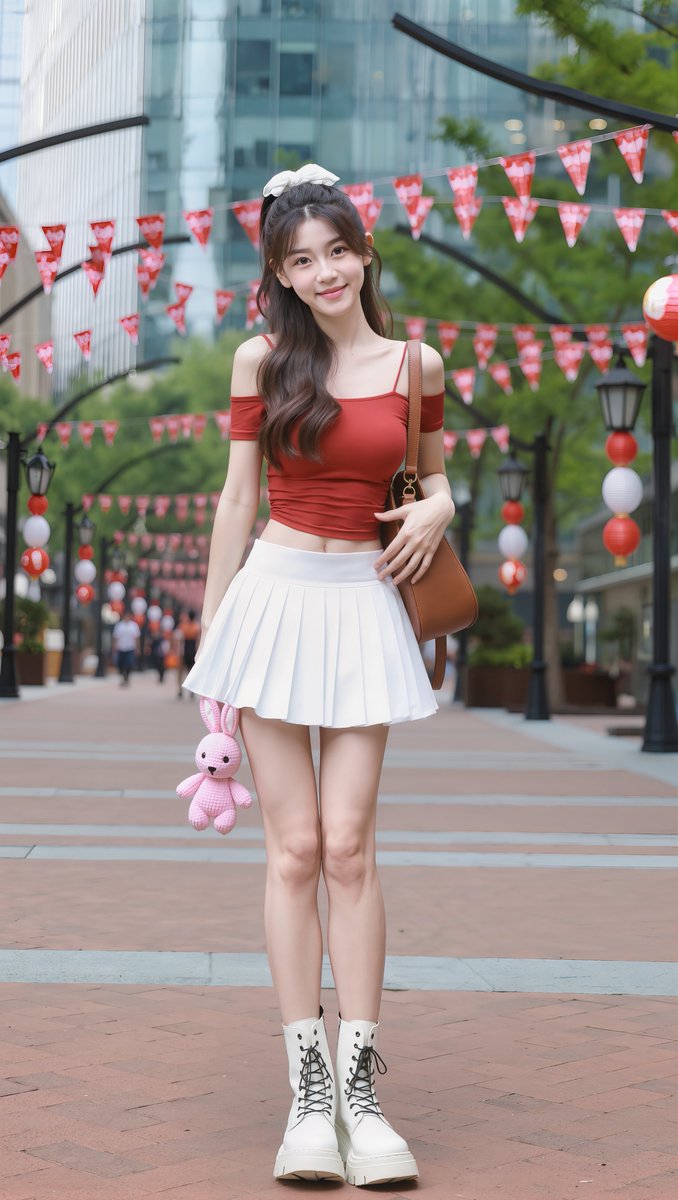 [Kling 提示词] 一张全身写实摄影照片：一位可爱的东亚年轻女性，二十岁出头，户外站立在一条宽阔的砖砌人行道上。她有着长长的波浪状深棕色头发，搭配柔和的帘式刘海，头顶有一小束…
