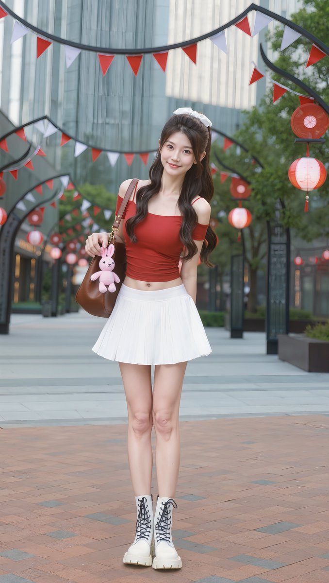 [Kling 提示词] 一张全身写实摄影照片：一位可爱的东亚年轻女性，二十岁出头，户外站立在一条宽阔的砖砌人行道上。她有着长长的波浪状深棕色头发，搭配柔和的帘式刘海，头顶有一小束…