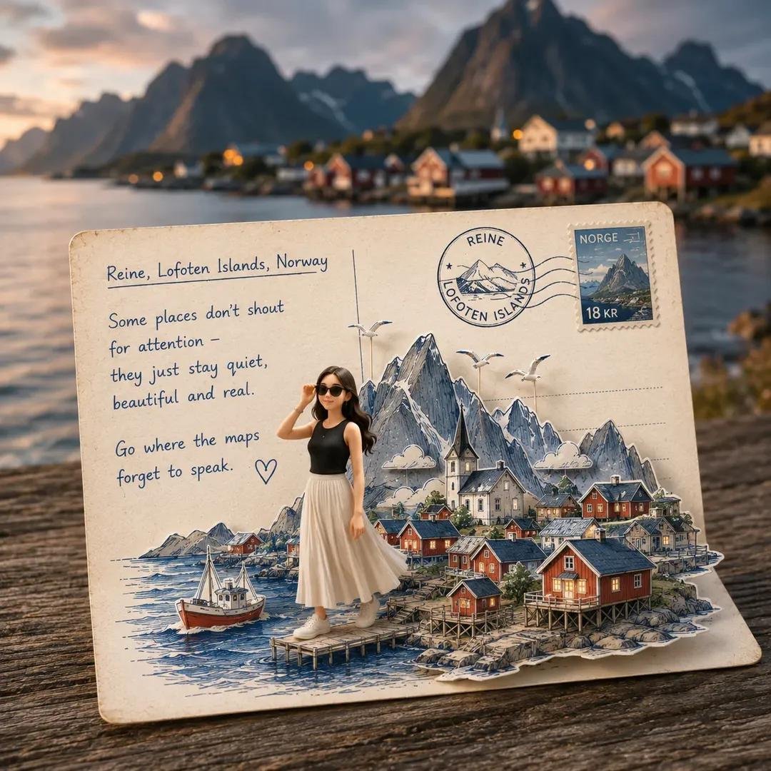 [目的地]： 一张高度细节、照片般逼真的 Instagram 级旅行明信片立体场景，主题为 [DESTINATION]，从略高的俯视角度拍摄。一张真实的复古明信片位于前景，带有圆…