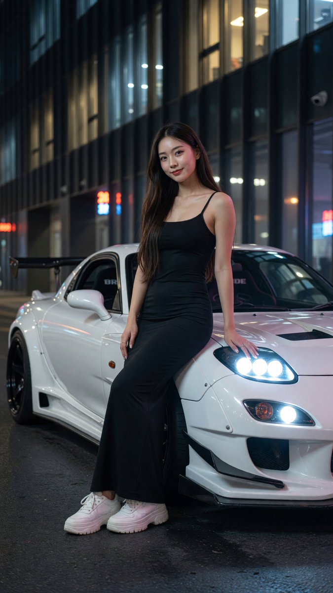 写实风格全身夜景人像:一位美丽的年轻东亚女性,二十出头,柔顺的深棕色长发如丝般垂落于一侧肩头,淡雅自然妆容,唇色微红,神情平静略带俏皮地凝视镜头。她身着黑色紧身细吊带包身及踝连衣…