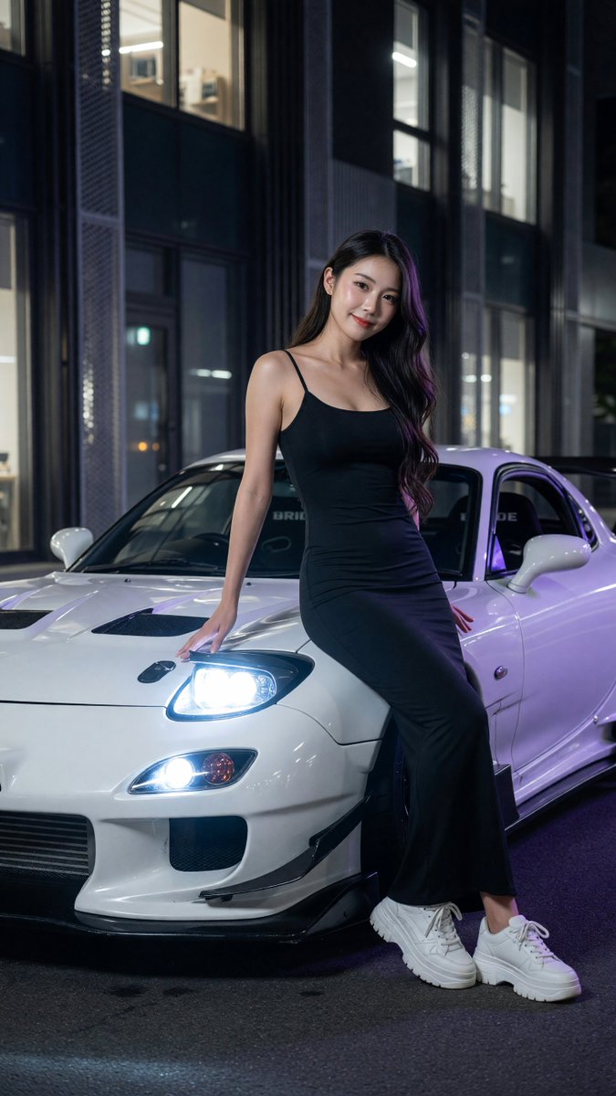 写实风格全身夜景人像:一位美丽的年轻东亚女性,二十出头,柔顺的深棕色长发如丝般垂落于一侧肩头,淡雅自然妆容,唇色微红,神情平静略带俏皮地凝视镜头。她身着黑色紧身细吊带包身及踝连衣…