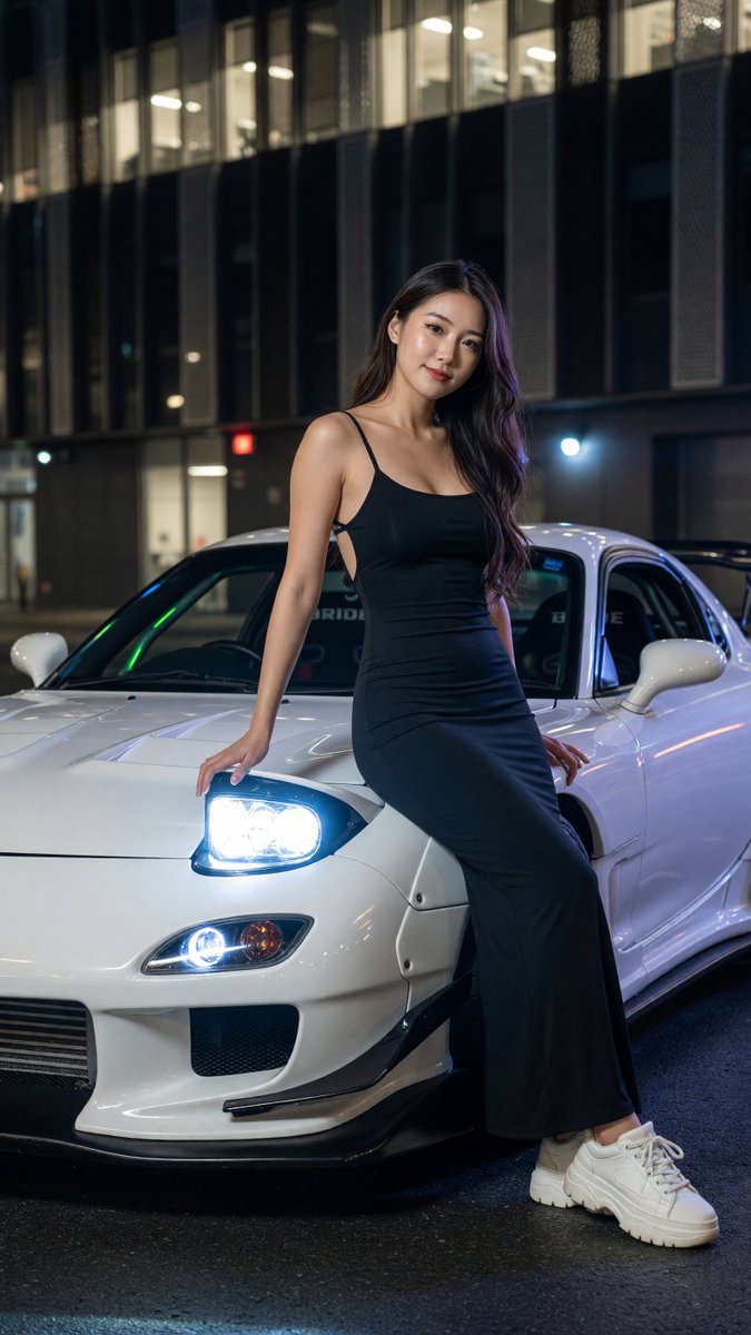 写实风格全身夜景人像:一位美丽的年轻东亚女性,二十出头,柔顺的深棕色长发如丝般垂落于一侧肩头,淡雅自然妆容,唇色微红,神情平静略带俏皮地凝视镜头。她身着黑色紧身细吊带包身及踝连衣…