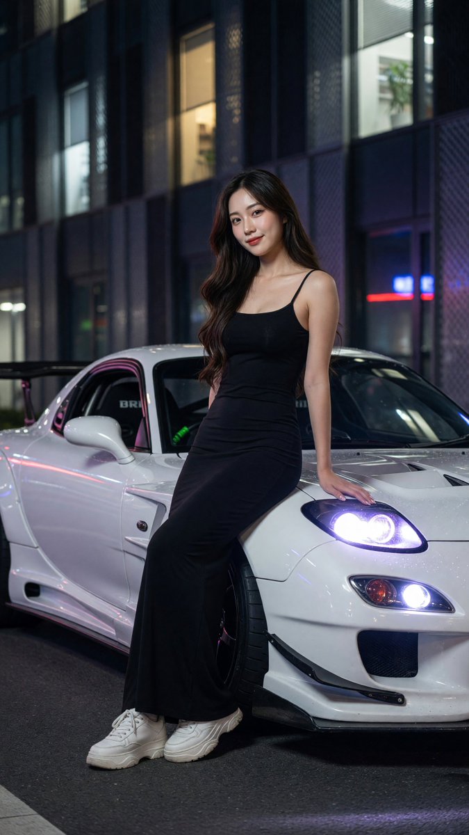 写实风格全身夜景人像:一位美丽的年轻东亚女性,二十出头,柔顺的深棕色长发如丝般垂落于一侧肩头,淡雅自然妆容,唇色微红,神情平静略带俏皮地凝视镜头。她身着黑色紧身细吊带包身及踝连衣…