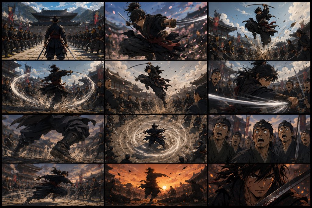 一位传奇的孤胆武士伫立于朝鲜王朝时代韩国都城的中央，四周环绕着传统的韩屋建筑、石板街道、宫门、飘扬的旌旗，以及远方云雾缭绕的山峦。他身披饱经风霜的黑色与暗红色相间的武士铠甲，纹饰…