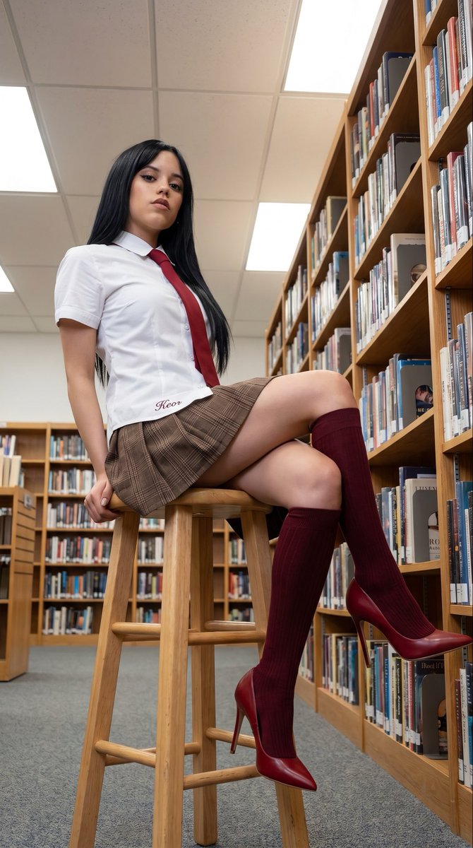 { "subject": { "description": "美丽的年轻 Megan Fox，长直黑发，肤色白皙，神情自信，身材紧致且曲线玲珑。", "pose": "坐在图书馆…